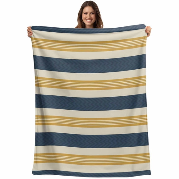 Flannel Fleece Throw Blanket Minimalist Blue Dark Yellow Stripe Lightweight Soft Plush Blankets,Retro Line Geometric Art Cozy Warm Throw Blanket for Couch Sofa Bed Car Office 40x50in