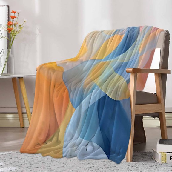 Flannel Fleece Throw Blanket Modern Abstract Graffiti Art Lightweight Soft Plush Blankets 30x40in, Blue Yellow Orange Ripple Cozy Warm Throw Blanket for Couch Sofa Bed Car Office