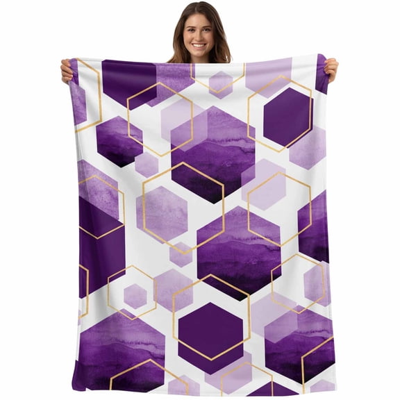 Flannel Fleece Throw Blanket Modern Abstract Purple Color Block Lightweight Soft Plush Blankets,Retro Gold Line Cozy Warm Throw Blanket for Couch Sofa Bed Car Office 40x50in