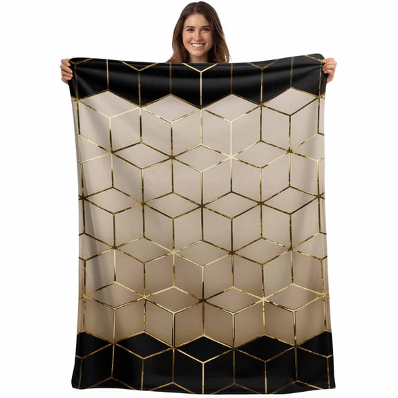 Flannel Fleece Throw Blanket Modern Brown Black Geometric Texture Lightweight Soft Plush Blankets,Abstract Gold Line Cozy Warm Throw Blanket for Couch Sofa Bed Car Office 40x50in