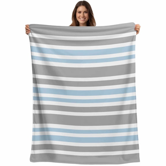 Flannel Fleece Throw Blanket Modern Gray White Blue Stripes Lightweight Soft Plush Blankets,Abstract Lines Cozy Warm Throw Blanket for Couch Sofa Bed Car Office 40x50in