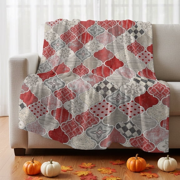 Flannel Fleece Throw Blanket Modern Moroccan Shield Pattern Lightweight Soft Plush Blankets 30x40in, Red Geometric Art Cozy Warm Throw Blanket for Couch Sofa Bed Car Office