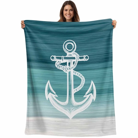 Flannel Fleece Throw Blanket Modern Nautical Anchor Sketch Lightweight Soft Plush Blankets,Abstract Teal Gradient Texture Cozy Warm Throw Blanket for Couch Sofa Bed Car Office 40x50in