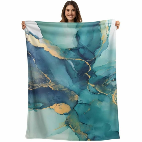 Flannel Fleece Throw Blanket Modern Turquoise Marble Texture Lightweight Soft Plush Blankets,Abstract Gold Stripe Cozy Warm Throw Blanket for Couch Sofa Bed Car Office 40x50in