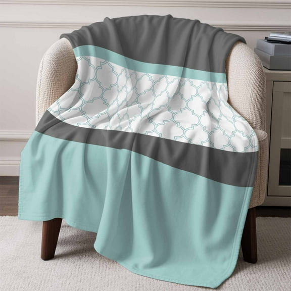 Flannel Fleece Throw Blanket Morocco Plaid Teal Stripes Lightweight Soft Plush Blankets,Abstract Geometric Stitching Cozy Warm Throw Blanket for Couch Sofa Bed Car Office All Season Use 60x80in