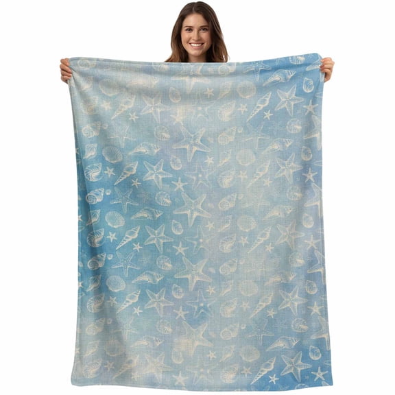 Flannel Fleece Throw Blanket Nautical Abstract Starfish Conch Lightweight Soft Plush Blankets,Gradient Blue Ocean Cozy Warm Throw Blanket for Couch Sofa Bed Car Office 40x50in