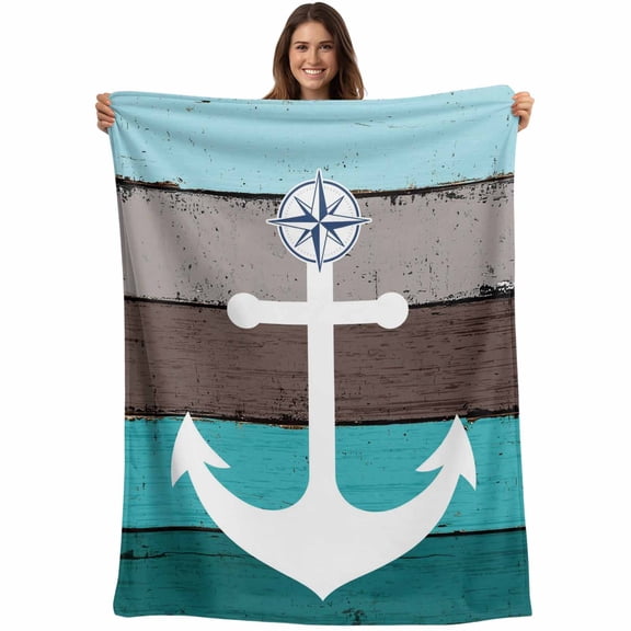 Flannel Fleece Throw Blanket Nautical Anchor Compass Lightweight Soft Plush Blankets,Farm Teal Wood Board Cozy Warm Throw Blanket for Couch Sofa Bed Car Office All Season Use 40x50in
