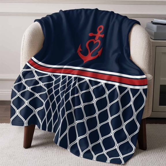 Flannel Fleece Throw Blanket Nautical Anchor Dark Blue Lattice Lightweight Soft Plush Blankets,Coastal Ocean Theme Cozy Warm Throw Blanket for Couch Sofa Bed Car Office All Season Use 50x60in