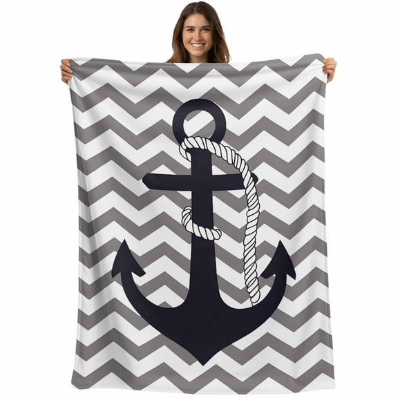Flannel Fleece Throw Blanket Nautical Anchor Dark Blue Lightweight Soft Plush Blankets,Grey Zigzag Chevron Cozy Warm Throw Blanket for Couch Sofa Bed Car Office All Season Use 40x50in
