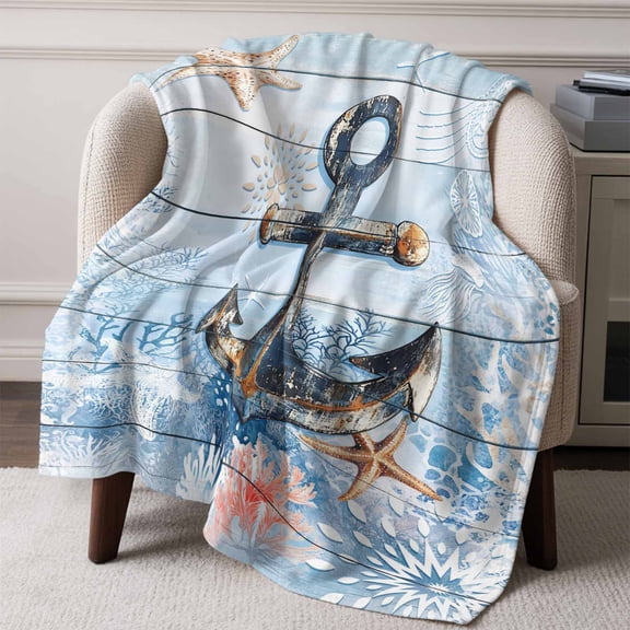 Flannel Fleece Throw Blanket Nautical Anchor Starfish Coral Lightweight Soft Plush Blankets,Summer Coastal Nautical Theme Cozy Warm Throw Blanket for Couch Sofa Bed Car Office All Season Use 50x60in