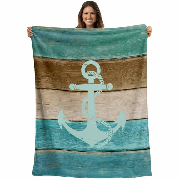 Flannel Fleece Throw Blanket Nautical Anchor Teal Wood Board Lightweight Soft Plush Blankets,Farm Vintage Wooden Cozy Warm Throw Blanket for Couch Sofa Bed Car Office All Season Use 40x50in