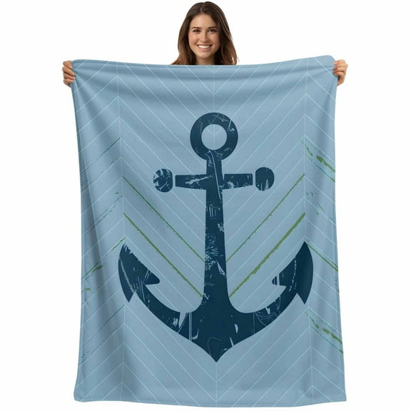 Flannel Fleece Throw Blanket Navy Blue Anchor Nautical Lightweight Soft Plush Blankets,Zigzag Ripple Cozy Warm Throw Blanket for Couch Sofa Bed Car Office All Season Use 40x50in