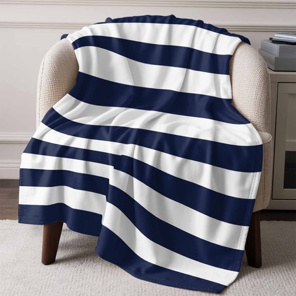 Flannel Fleece Throw Blanket Navy Blue Stripe Summer Nautical Theme Lightweight Soft Plush Blankets,White Geometric Lines Cozy Warm Throw Blanket for Couch Sofa Bed Car Office All Season Use 50x60in