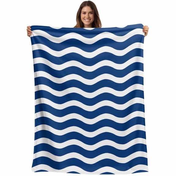 Flannel Fleece Throw Blanket Navy Blue White Water Ripple Lightweight Soft Plush Blankets,Nautical Ocean Wave Stripe Cozy Warm Throw Blanket for Couch Sofa Bed Car Office 40x50in