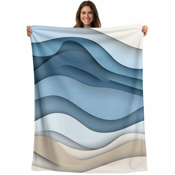 Flannel Fleece Throw Blanket Ocean Blue Water Ripples Lightweight Soft Plush Blankets,Abstract Geometric Gradient Cozy Warm Throw Blanket for Couch Sofa Bed Car Office All Season Use 40x60in