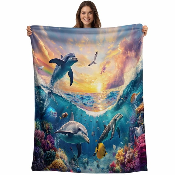 Flannel Fleece Throw Blanket Ocean Dolphin Blue Ocean Coral Lightweight Soft Plush Blankets,Watercolor Underwater World Cozy Warm Throw Blanket for Couch Sofa Bed Car Office All Season Use 40x60in