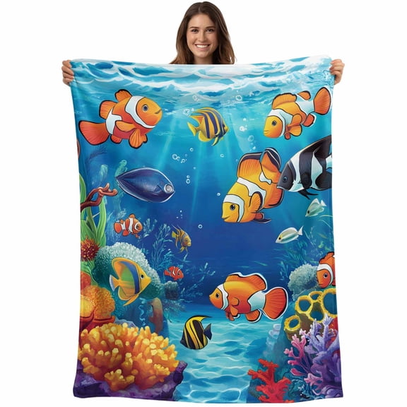 Flannel Fleece Throw Blanket Ocean Fish Coral Seaweed Cartoon Style Lightweight Soft Plush Blankets,Blue Underwater World Cozy Warm Throw Blanket for Couch Sofa Bed Car Office All Season Use 40x50in