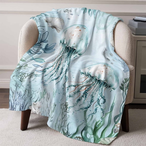 Flannel Fleece Throw Blanket Ocean Jellyfish Shell Seaweed Lightweight Soft Plush Blankets,Marine Life Underwater World Cozy Warm Throw Blanket for Couch Sofa Bed Car Office All Season Use 50x60in