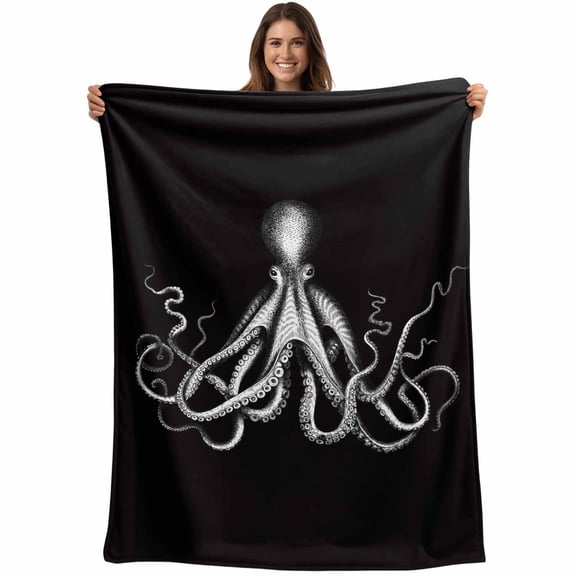Flannel Fleece Throw Blanket Ocean Octopus Marine Life Lightweight Soft Plush Blankets,Huge Monster on Black Cozy Warm Throw Blanket for Couch Sofa Bed Car Office 40x50in