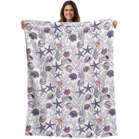 Flannel Fleece Throw Blanket Ocean Purple Starfish Coral Shell on Beige Lightweight Soft Plush Blankets,Underwater Cozy Warm Throw Blanket for Couch Sofa Bed Car Office 40x50in