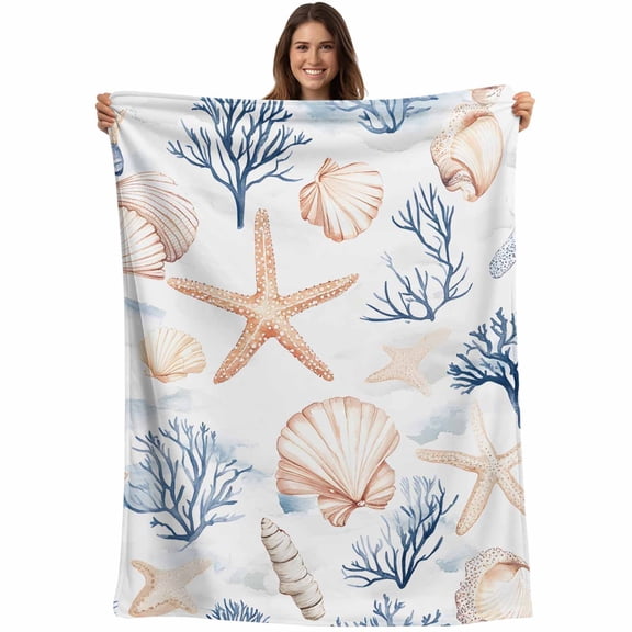 Flannel Fleece Throw Blanket Ocean Starfish Shell Coral on White Lightweight Soft Plush Blankets,Beach Marine Life Cozy Warm Throw Blanket for Couch Sofa Bed Car Office 40x50in
