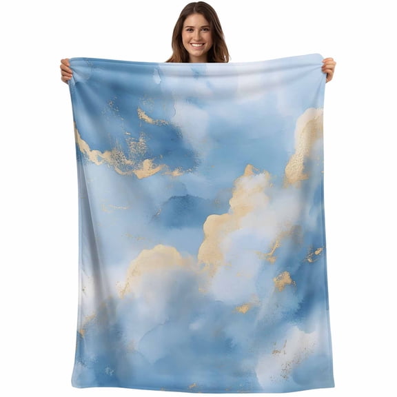 Flannel Fleece Throw Blanket Ombre Blue Cloud Marble Texture Lightweight Soft Plush Blankets,Summer Watercolor Sky Cozy Warm Throw Blanket for Couch Sofa Bed Car Office 40x50in