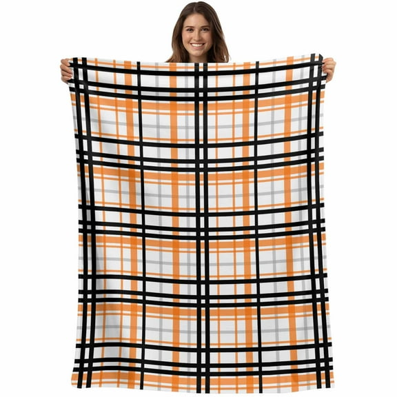 Flannel Fleece Throw Blanket Orange Black Stripe Plaid Lightweight Soft Plush Blankets,Abstract Geometric Cozy Warm Throw Blanket for Couch Sofa Bed Car Office All Season Use 40x50in