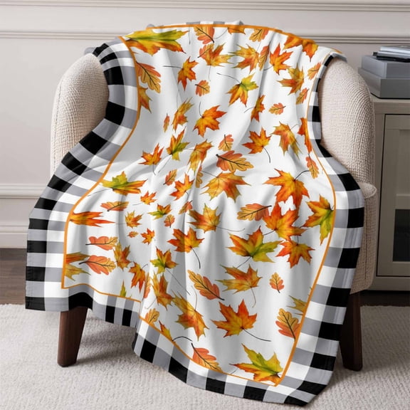 Flannel Fleece Throw Blanket Orange Maple Leaf Fall Thanksgiving Lightweight Soft Plush Blankets,Watercolor Leaves Black Plaid Cozy Warm Throw Blanket for Couch Sofa Bed Car Office 50x60in
