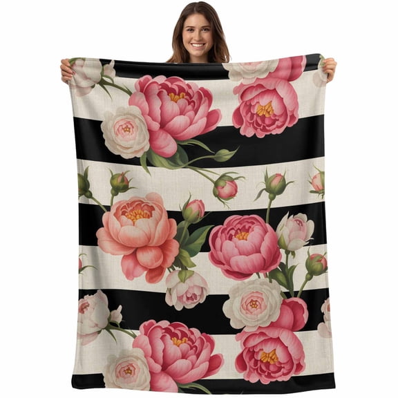 Flannel Fleece Throw Blanket Pink Flower Peony Rose Retro Linen Lightweight Soft Plush Blankets,Black and White Stripes Cozy Warm Throw Blanket for Couch Sofa Bed Car Office All Season Use 40x60in
