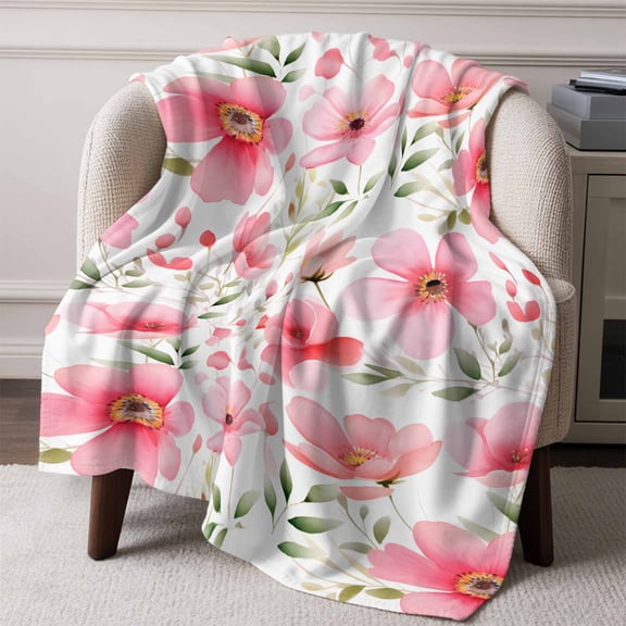 Flannel Fleece Throw Blanket Pink Flower Spring Blossom Floral Lightweight Soft Plush Blankets,Country Plant Seamless Cozy Warm Throw Blanket for Couch Sofa Bed Car Office All Season Use 50x60in