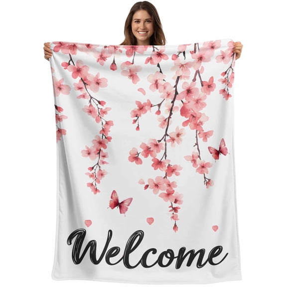 Flannel Fleece Throw Blanket Pink Flower Welcome Quote Lightweight Soft Plush Blankets,Watercolor Floral on White Cozy Warm Throw Blanket for Couch Sofa Bed Car Office All Season Use 40x50in