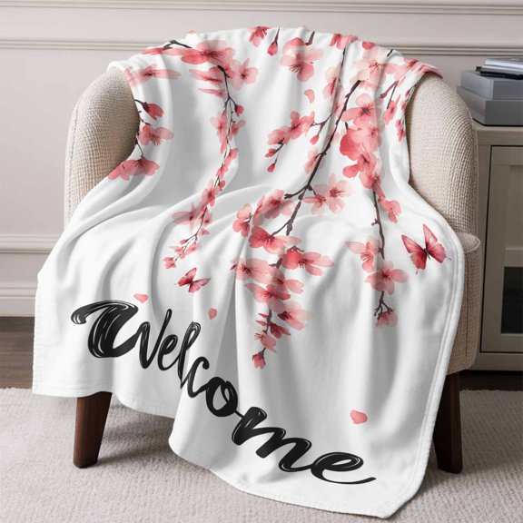 Flannel Fleece Throw Blanket Pink Flower Welcome Quote Lightweight Soft Plush Blankets,Watercolor Floral on White Cozy Warm Throw Blanket for Couch Sofa Bed Car Office All Season Use 60x80in
