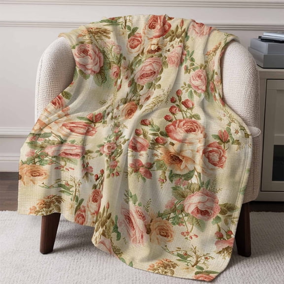 Flannel Fleece Throw Blanket Pink Rose Vintage Linen Lightweight Soft Plush Blankets,Classic Floral Leaves Plant Cozy Warm Throw Blanket for Couch Sofa Bed Car Office All Season Use 60x80in