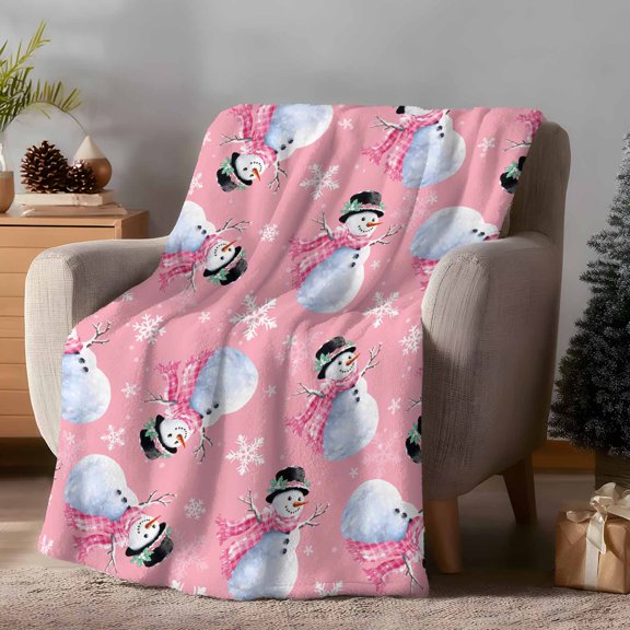 Flannel Fleece Throw Blanket Pink Snowman Christmas Snowflakes Seamless Lightweight Soft Plush Blankets 30x40in, Merry Xmas Cozy Warm Throw Blanket for Couch Sofa Bed Car Office