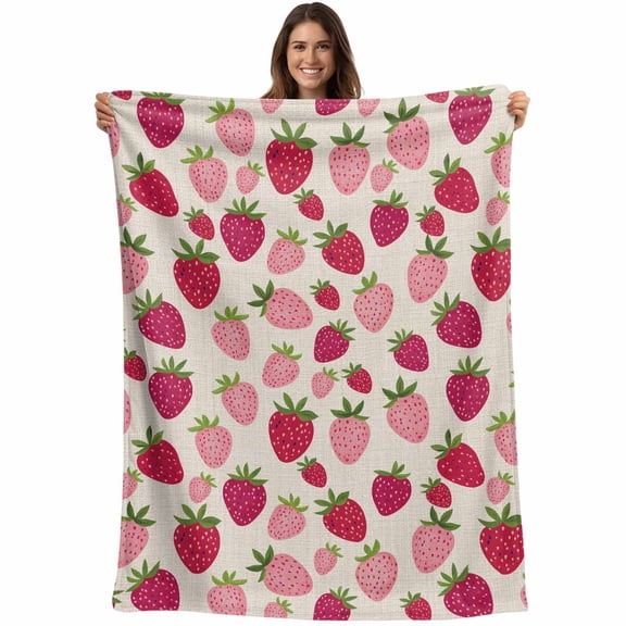 Flannel Fleece Throw Blanket Pink Strawberry Summer Fruit Lightweight Soft Plush Blankets,Farm Harvest Retro Linen Cozy Warm Throw Blanket for Couch Sofa Bed Car Office All Season Use 40x50in