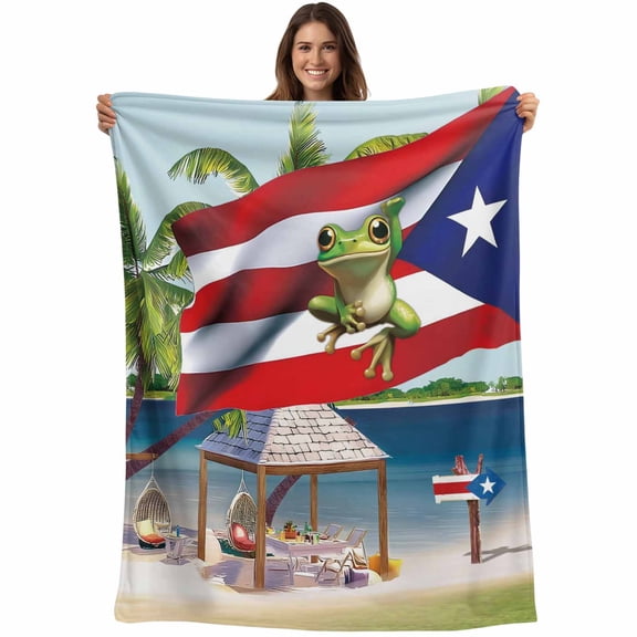 Flannel Fleece Throw Blanket Puerto Rico Flag Frog Coconut Trees Lightweight Soft Plush Blankets,Ocean Beach Cozy Warm Throw Blanket for Couch Sofa Bed Car Office 40x50in