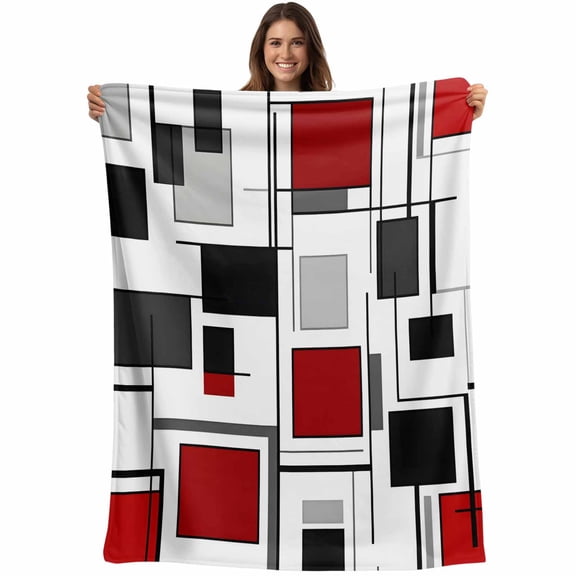 Flannel Fleece Throw Blanket Red Color Block Abstract Geometric Lightweight Soft Plush Blankets,Irregular Line Cozy Warm Throw Blanket for Couch Sofa Bed Car Office 40x50in