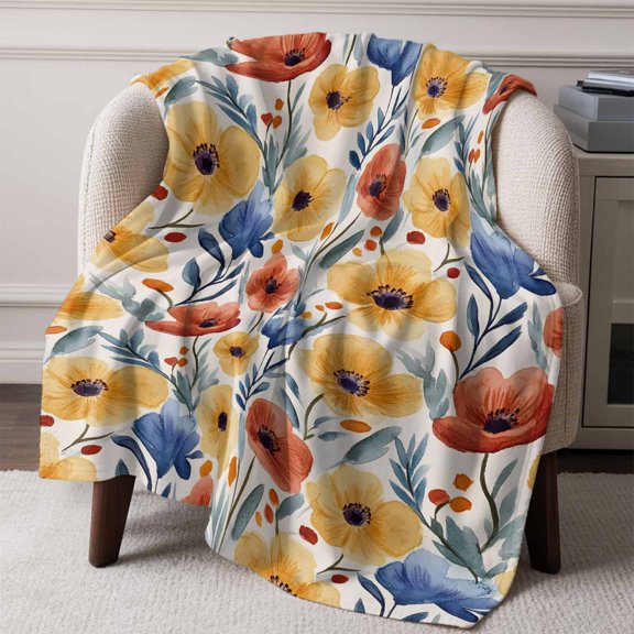 Flannel Fleece Throw Blanket Red Poppy Flower Spring Blossom Floral Lightweight Soft Plush Blankets,Garden Plant Seamless Cozy Warm Throw Blanket for Couch Sofa Bed Car Office All Season Use 50x60in