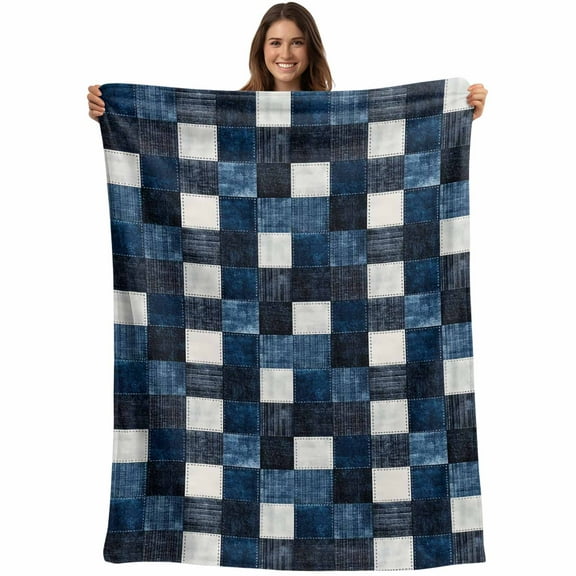 Flannel Fleece Throw Blanket Retro Blue Black Buffalo Check Lightweight Soft Plush Blankets,Checkered Plaid Seamless Cozy Warm Throw Blanket for Couch Sofa Bed Car Office 40x50in