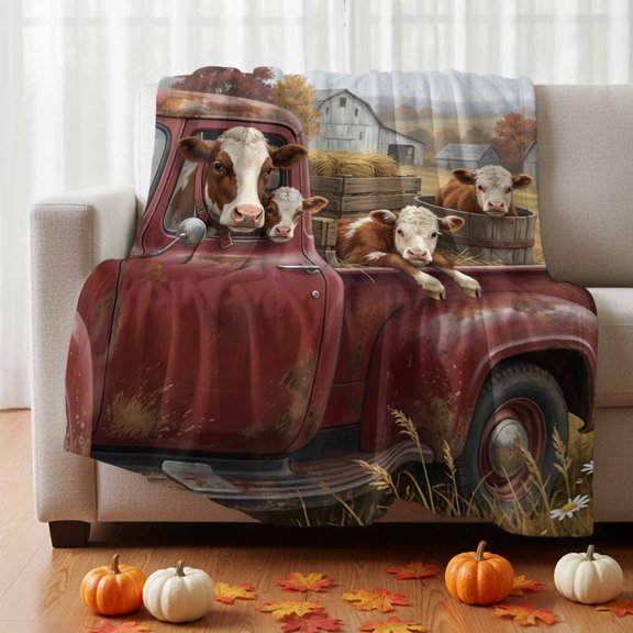 Flannel Fleece Throw Blanket Retro Farm Cow Barn Truck Lightweight Soft Plush Blankets 30x40in, Pastoral Flower Straw Cozy Warm Throw Blanket for Couch Sofa Bed Car Office