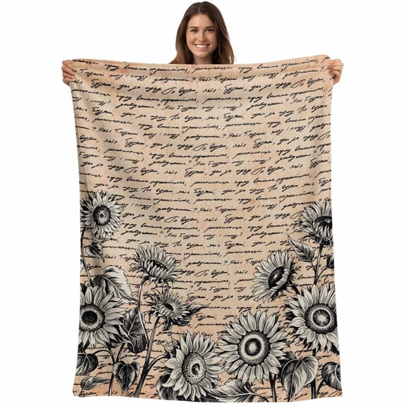 Flannel Fleece Throw Blanket Retro Farm Sunflowers on Letter Lightweight Soft Plush Blankets,Country Floral Art Cozy Warm Throw Blanket for Couch Sofa Bed Car Office 40x50in