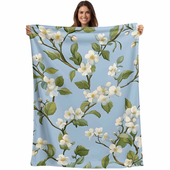 Flannel Fleece Throw Blanket Retro Flowers on Blue Background Lightweight Soft Plush Blankets,Vintage White Floral Leaves Cozy Warm Throw Blanket for Couch Sofa Bed Car Office 40x50in
