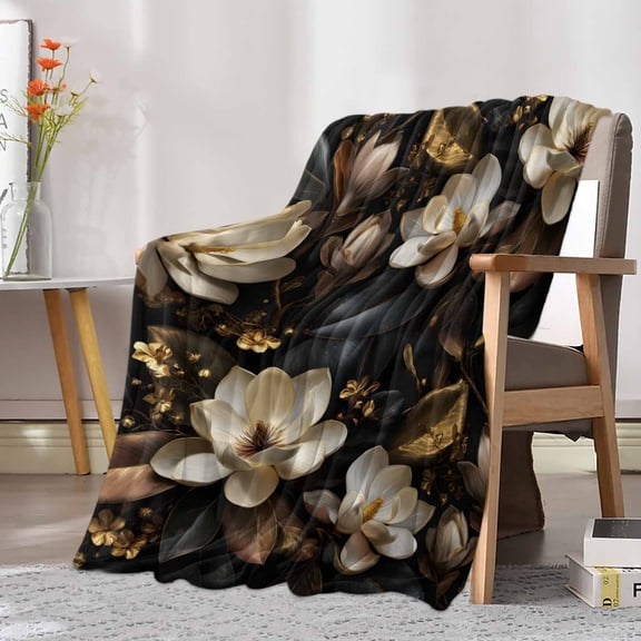 Flannel Fleece Throw Blanket Retro Gorgeous Bloom Magnolias Lightweight Soft Plush Blankets 30x40in, Luxurious Flower Gold Cozy Warm Throw Blanket for Couch Sofa Bed Car Office