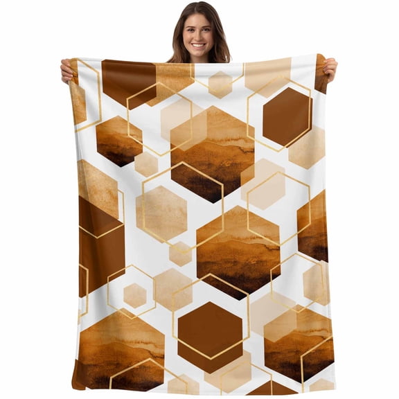 Flannel Fleece Throw Blanket Retro Gray Grid Gold Line Lightweight Soft Plush Blankets,Hexagonal Abstract Geometric Cozy Warm Throw Blanket for Couch Sofa Bed Car Office All Season Use 40x50in