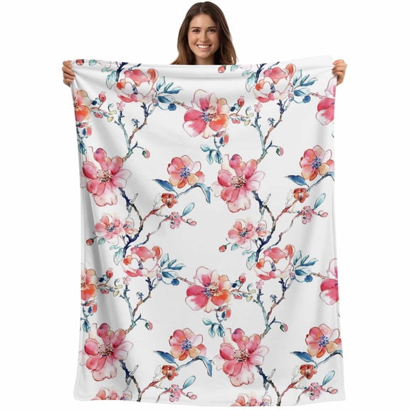 Flannel Fleece Throw Blanket Retro Red Flower on White Lightweight Soft Plush Blankets,Country Watercolor Floral Cozy Warm Throw Blanket for Couch Sofa Bed Car Office 40x50in