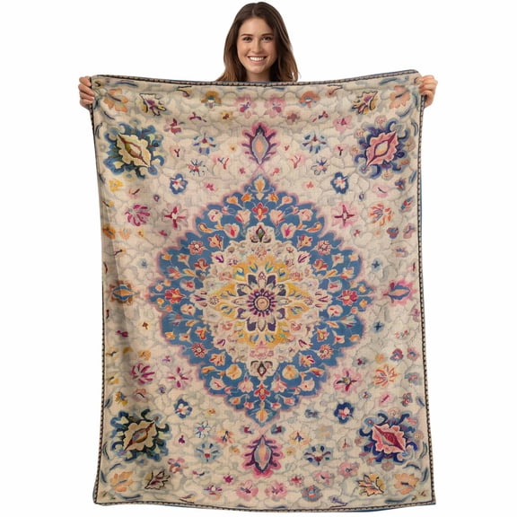 Flannel Fleece Throw Blanket Retro Turkish Tradition Flower Lightweight Soft Plush Blankets,Medieval Ethnic Pattern Cozy Warm Throw Blanket for Couch Sofa Bed Car Office 40x50in