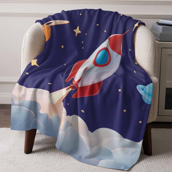 Flannel Fleece Throw Blanket Rocket Space Universe Planet Lightweight Soft Plush Blankets,Night Star Cartoon Style Cozy Warm Throw Blanket for Couch Sofa Bed Car Office All Season Use 50x60in
