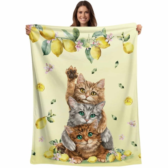 Flannel Fleece Throw Blanket Rustic Cat Yellow Lemon Lightweight Soft Plush Blankets,Farmhouse Animal Fruit Plant Cozy Warm Throw Blanket for Couch Sofa Bed Car Office 40x50in