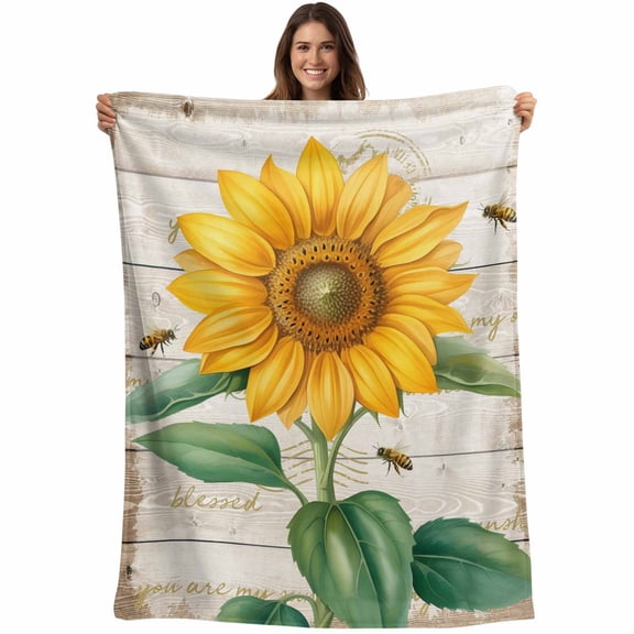 Flannel Fleece Throw Blanket Rustic Country Sunflower Bee Lightweight Soft Plush Blankets,Farmhouse Wooden Board Cozy Warm Throw Blanket for Couch Sofa Bed Car Office 40x50in