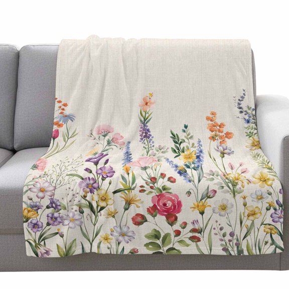 Flannel Fleece Throw Blanket, Rustic Pastoral Flower Leaf Soft Warm Fuzzy Cozy Blanket for Couch Bed Sofa Office, Farmhouse Floral Plant on Linen 50x80In